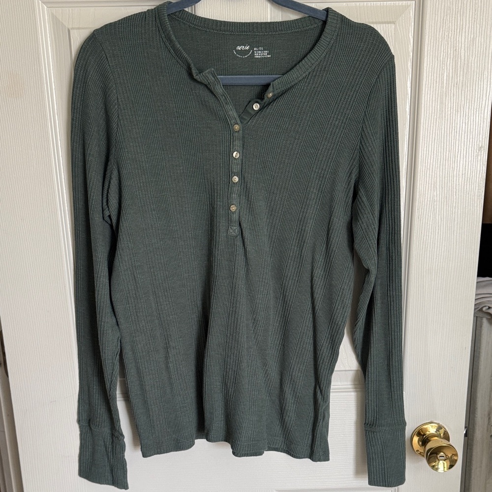 aerie Olive Green Waffle Henley Long Sleeve Top